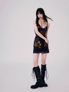 24SS Flower French Retro Printed Suspender Skirt Women's Elastic Mesh Slim Dress