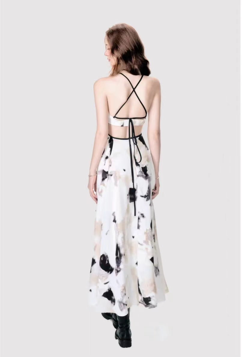 French style halter neck ink painting suspender dress women's summer sexy backless long dress